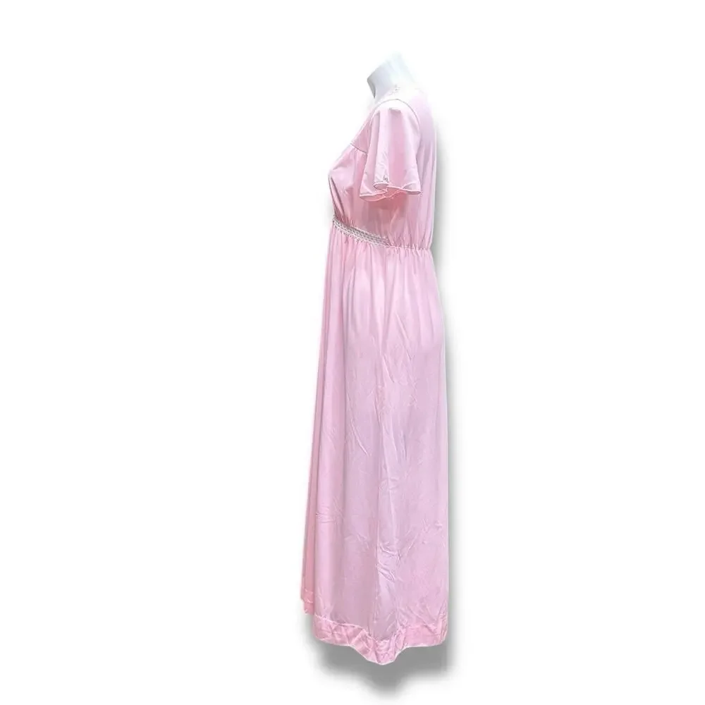 Vintage Rutledge Nightgown Pink Deep V Maxi Coquette Flutter Sleeves Womens Sz L - Picture 3 of 13